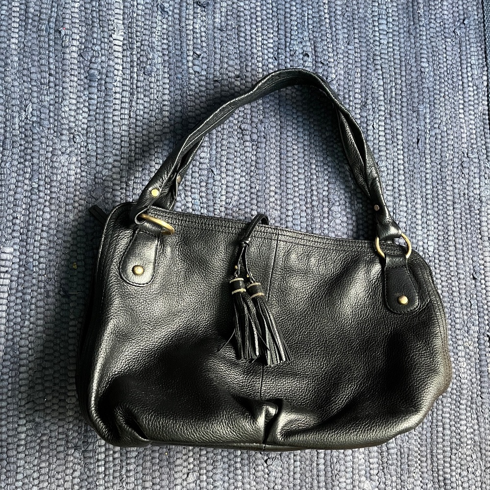 Talbots Black  Leather Hobo Shoulder Bag w/ Tassels.